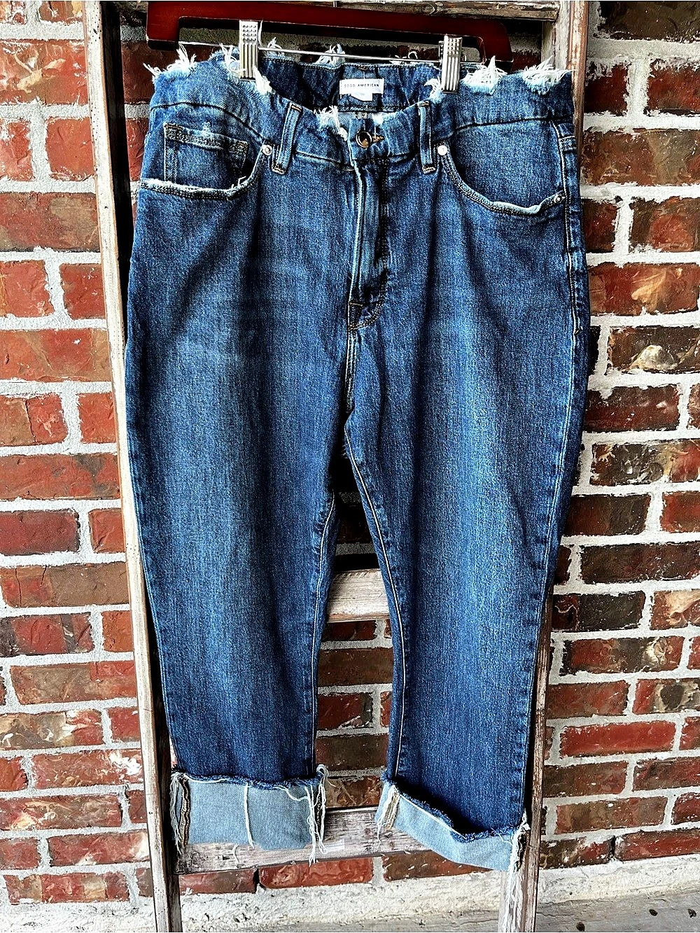 Good American Good Standard Baggy Cuffed Jeans Waist 16 Blue
